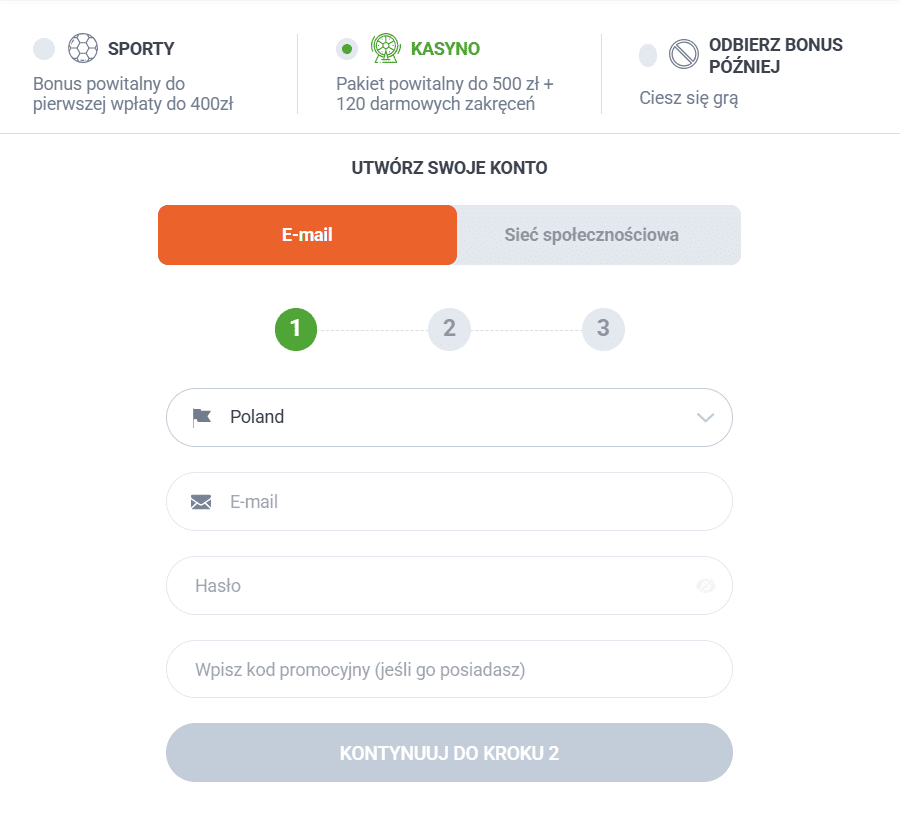 Formularz rejestracji w 20Bet Casino